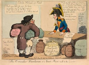 Het Consulaire Magazijn of een Groot Man aan de Balie genageld, pub. 1802 handgekleurde gravure