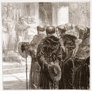 De raadsleden ontbinden de Augustijner orde van monniken in Zürich, 1524, illustratie uit De Geschiedenis van het Protestantisme door James Aitken Wylie, 1878 door English School