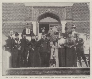 Het bezoek van de tsaar aan Denemarken, een koninklijke groep in Smidstrup, de buitenverblijf van de koning van Griekenland (gravure) door English School