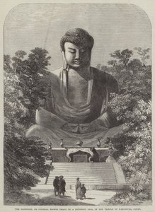 De Daiboodh, of kolossaal bronzen beeld van een boeddhistische idool, in de tempel van Kamakura, Japan (gravure)