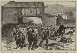 De nood in Zuid-Wales, het openen van een soepkeuken in Merthyr-Tydvil (gravure) door English School