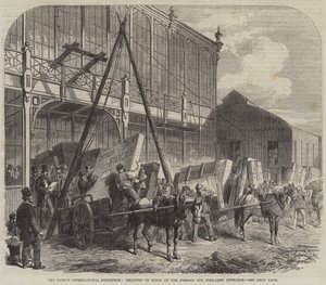 De Dublin International Exhibition, levering van goederen bij de ingang van buitenlandse en schone kunsten (gravure) door English School