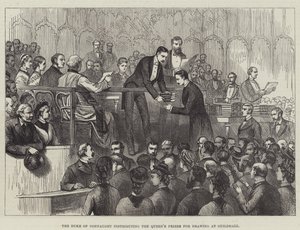 De hertog van Connaught deelt de prijzen van de koningin uit voor tekenen in Guildhall (gravure) door English School