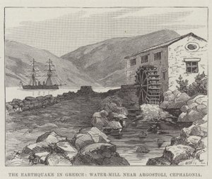 De Aardbeving in Griekenland, Watermolen bij Argostoli, Cephalonia door English School