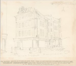 De Oostelijke Hoek van St Martins Lane, Londen, 1825 door English School