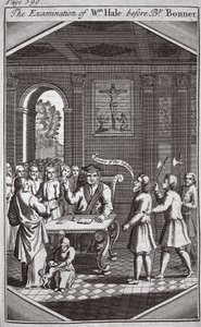 Het verhoor van Wm Hale voor bisschop Bonner, illustratie uit Foxes Martelaren ca. 1703