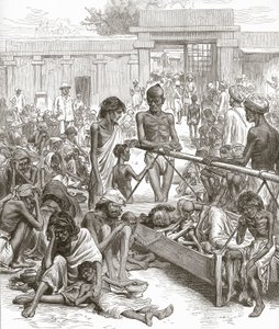 De hongersnood in India: Inheemsen wachten op hulp in Bangalore, oktober 1877