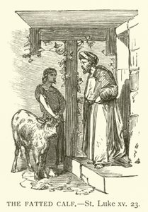 Het Gemeste Kalf, Lucas, xv, 23 (gravure) door English School