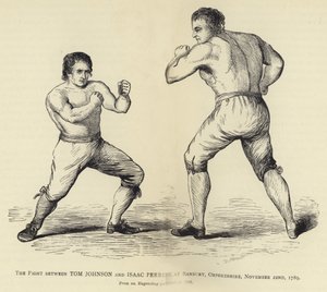Het gevecht tussen Tom Johnson en Isaac Perrins, in Banbury, Oxfordshire, 22 november 1789, naar een gravure gepubliceerd in 1790 door English School