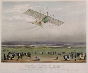 De vliegmachine, de Ariel, naar ontwerpen van W.S. Henson, uitgegeven door Ackermann & Co., 1843 door English School