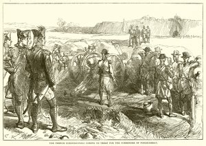 De Franse commissarissen komen om te onderhandelen over de overgave van Pondicherry (1761) door English School