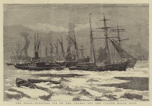De Vorst, drijvend IJs op de Theems bij de Custom House Quay (gravure) door English School