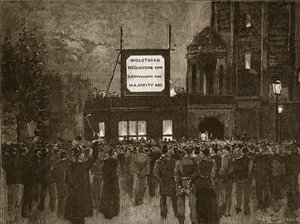 De algemene verkiezingen van 1892: Aankondiging van de resultaten in de National Liberal Club, illustratie uit Cassells Geïllustreerde Geschiedenis van Engeland door English School