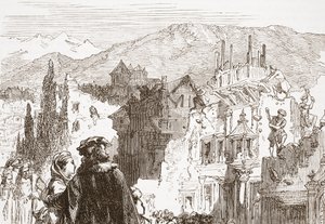 De Genevenaren vernietigen de buitenwijken van hun stad, illustratie uit De Geschiedenis van het Protestantisme door James Aitken Wylie, gepubliceerd in 1878