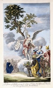 De Genius van Gezondheid ontvangt Europa, Azië, Afrika en Amerika en levert hen aan de Britse lezer, 1756-1757