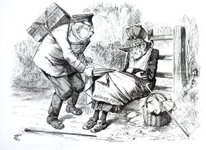 De Duitse Handelsreiziger die marktaandelen steelt van de Britse handel, karikatuur uit Punch, The London Charivari, 5 september 1896 door English School