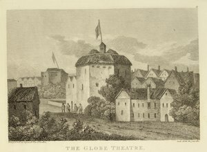Het Globe Theatre aan de Bankside zoals het verscheen tijdens het bewind van James I (1566-1625), naar een gravure c.1612, gepubliceerd 1810
