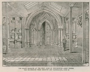 De grote tent bij de westdeur van Westminster Abbey door English School