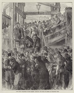 De Grote Ramp op de Thames, het Aan Wal Brengen van de Doden bij Woolwich Pier (gravure) door English School