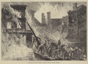 De grote brand in Dublin, sappers snijden de whisky af (gravure) door English School