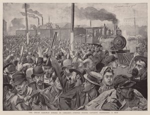 De grote spoorwegstaking in Chicago, de Amerikaanse cavalerie verjaagt een menigte (litho) door English School