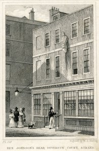The Grecian Coffee House, Devereux Court, Strand, met een buste van Ben Johnson (gravure) door English School