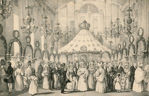 De Hanover Square Rooms toen koningin Victoria de privévoorstelling van de fancy fair bezocht ten behoeve van buitenlanders in nood, gehouden op 19 juni 1833 door English School