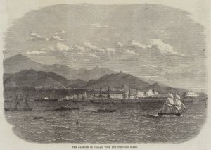 De haven van Callao, met de Peruaanse vloot (gravure) door English School