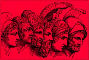 De helden van de Trojaanse oorlog: Paris, Diomedes, Odysseus, Nestor, Achilles, Agamemnon, illustratie uit De Geïllustreerde Geschiedenis van de Wereld, gepubliceerd ca. 1880