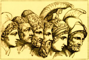 De helden van de Trojaanse oorlog: Paris, Diomedes, Odysseus, Nestor, Achilles, Agamemnon, illustratie uit De Geïllustreerde Geschiedenis van de Wereld, gepubliceerd ca. 1880 door English School