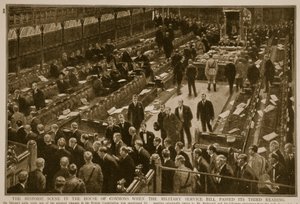 De historische scène in het Lagerhuis toen de Military Service Bill zijn derde lezing passeerde door English School
