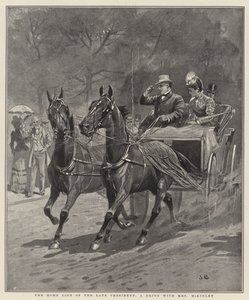 Het huiselijke leven van de overleden president, een rit met mevrouw McKinley (litho) door English School