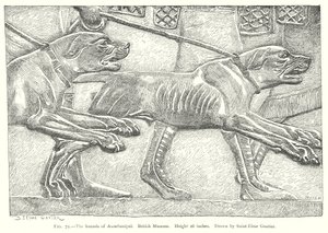 De honden van Assurbanipal. Brits Museum (gravure) door English School