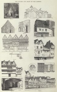 De Huizen en Winkels van Oud Londen (gravure) door English School