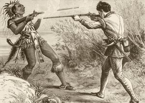Het Indiaanse opperhoofd Paugus wordt gedood door een Engelse militieman (litho) door English School
