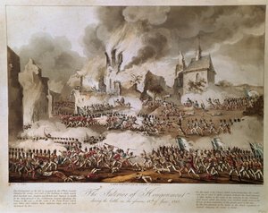 Het interieur van Hougoumont tijdens de slag op de glorieuze 18 juni 1815, gegraveerd door T. Sutherland, uitgegeven 1816 (aquatint)