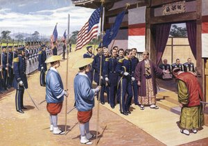 De Japanners geven zich over aan Commodore Perry door English School
