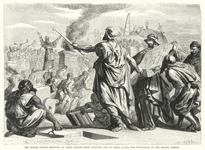 Het Joodse volk viert hun terugkeer uit ballingschap en het leggen van de fundamenten van de Tweede Tempel (gravure)