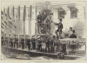 De koning van Griekenland ontvangen door de prins van Wales aan boord van HMS Serapis