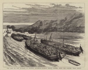 De laatste van de Russen in Oost-Roemelië, Russische troepen die de Donau passeren, nabij Galatz door English School