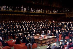 De Lord Chancellor op het punt om de vraag te stellen in het debat over Home Rule in het House of Lords, 1893