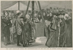 De Lord Chancellor legt de eerste steen van het nieuwe City of London Court, Guildhall door English School