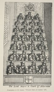 De Lord Mayor en het Hof van Schepenen, frontispice van De Launes Angliae Metropolis, 1681 door English School