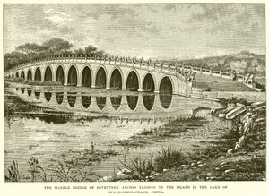De marmeren brug met zeventien bogen die leidt naar het eiland in het meer van Onane-Cheon-Chane, China (gravure) door English School