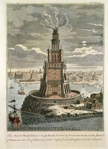 De marmeren wachttoren of vuurtoren opgericht door Ptolemaeus Soter op het eiland Pharos, bij de haven van Alexandrië (gekleurde afdruk) door English School