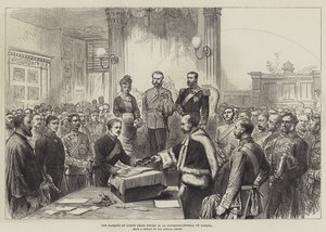 De markies van Lorne wordt beëdigd als gouverneur-generaal van Canada (gravure) door English School