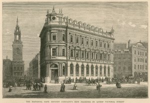 De nieuwe panden van de National Safe Deposit Company in Queen Victoria Street, Londen