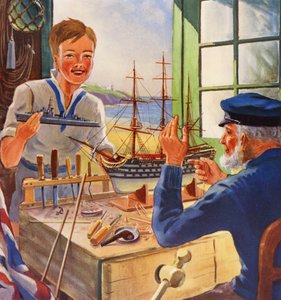 The Nelson Touch, oude en jonge scheepsmodelbouwers (kleurenlitho) door English School