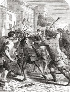 De "No-Popery" relschoppers vallen parlementsleden aan in Palace Yard, Westminster, Londen, Engeland tijdens de Gordon Riots van 1780