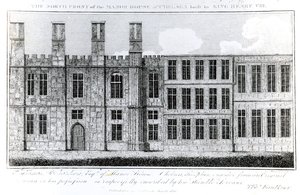De Noordelijke Voorzijde van het Landhuis in Chelsea gebouwd door Koning Hendrik VIII, gegraveerd door J. Barlow, een illustratie in Een Historisch en Topografisch Verslag van Chelsea en zijn Omgeving door English School